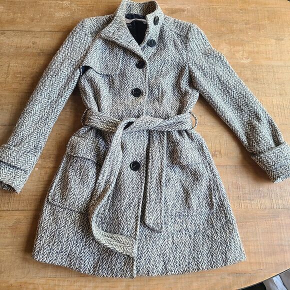 ZARA Basic‎ Small Herringbone Wool Dress Coat Jacket Tan/Grey/White - Picture 1 of 14